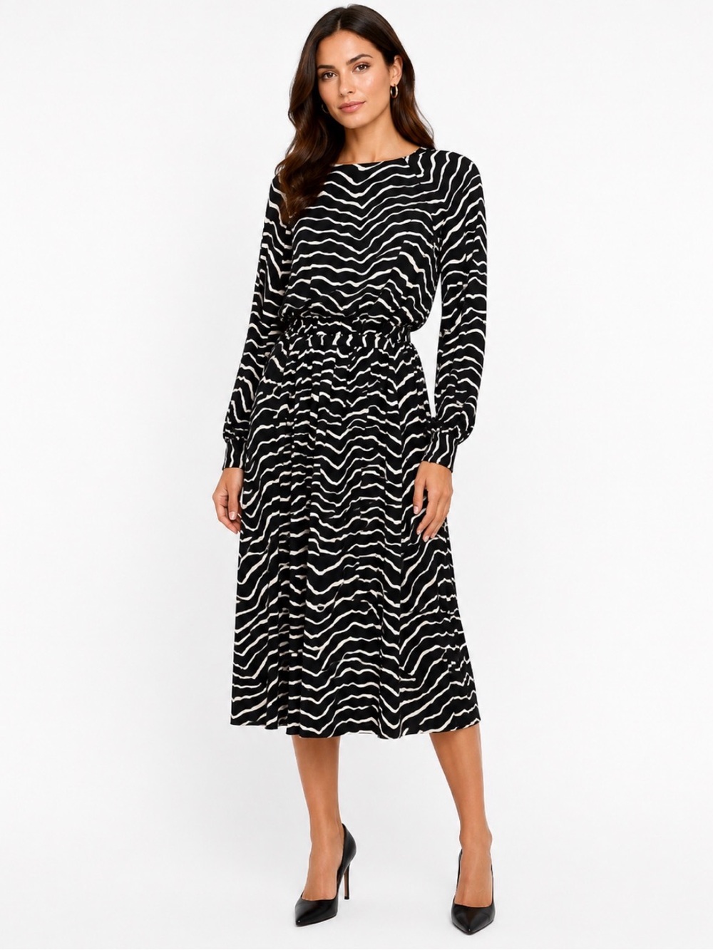 WHO WHAT WEAR Black & White Zebra Print Long Sleeve Pleated w/belt Dress Med